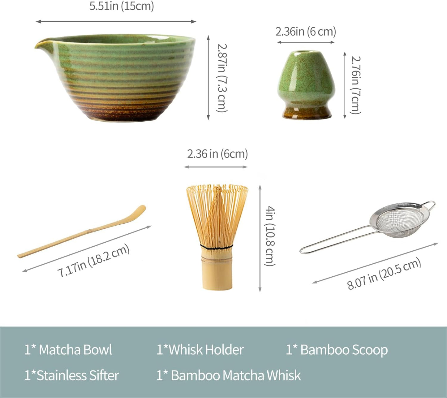 Traditional Matcha Tea Ceremony Set with Ceramic Bowl, Bamboo Whisk, Stand and Strainer, 5-Piece (yellow)