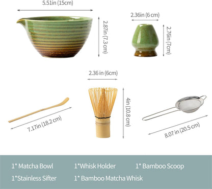 Traditional Matcha Tea Ceremony Set with Ceramic Bowl, Bamboo Whisk, Stand and Strainer, 5-Piece (yellow)