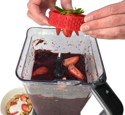 Fusionbrands PushBerry 2-in-1, One Step Kid-Friendly Strawberry Stem Removal, Hull, and Slice Tool, Red