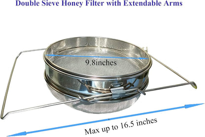 Honey Strainer for 5 Gallon Bucket Stainless Steel Double Sieve Honey Filter Strainer for Clean Honey with Up to 16.5 inches Extendable Arms