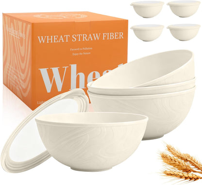 Wheat Straw Bowls Set with Lids, Unbreakable 40 OZ Cereal Bowls Set of 4, Salad Container for Lunch, Microwave & Dishwasher Safe Bowl Set for Kitchen, Picnic, RV, Camping, Multi