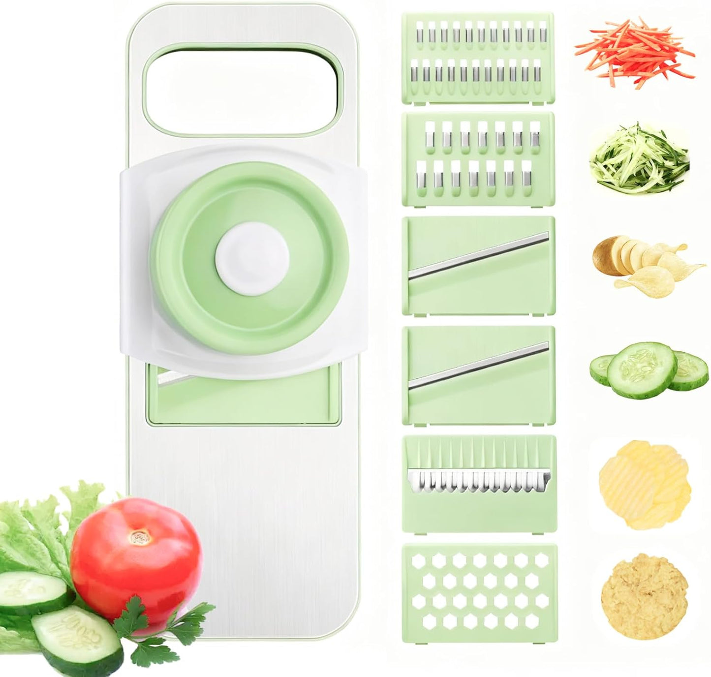 ZKIRON Stainless Steel Mandoline Slicer for Kitchen, 6-in-1 Vegetable Slicer with 360° Full-Cover Safety Guard, Adjustable Food Cutter for Potato, Carrot & Salad Prep, Space-Saving Design (Mint Green)