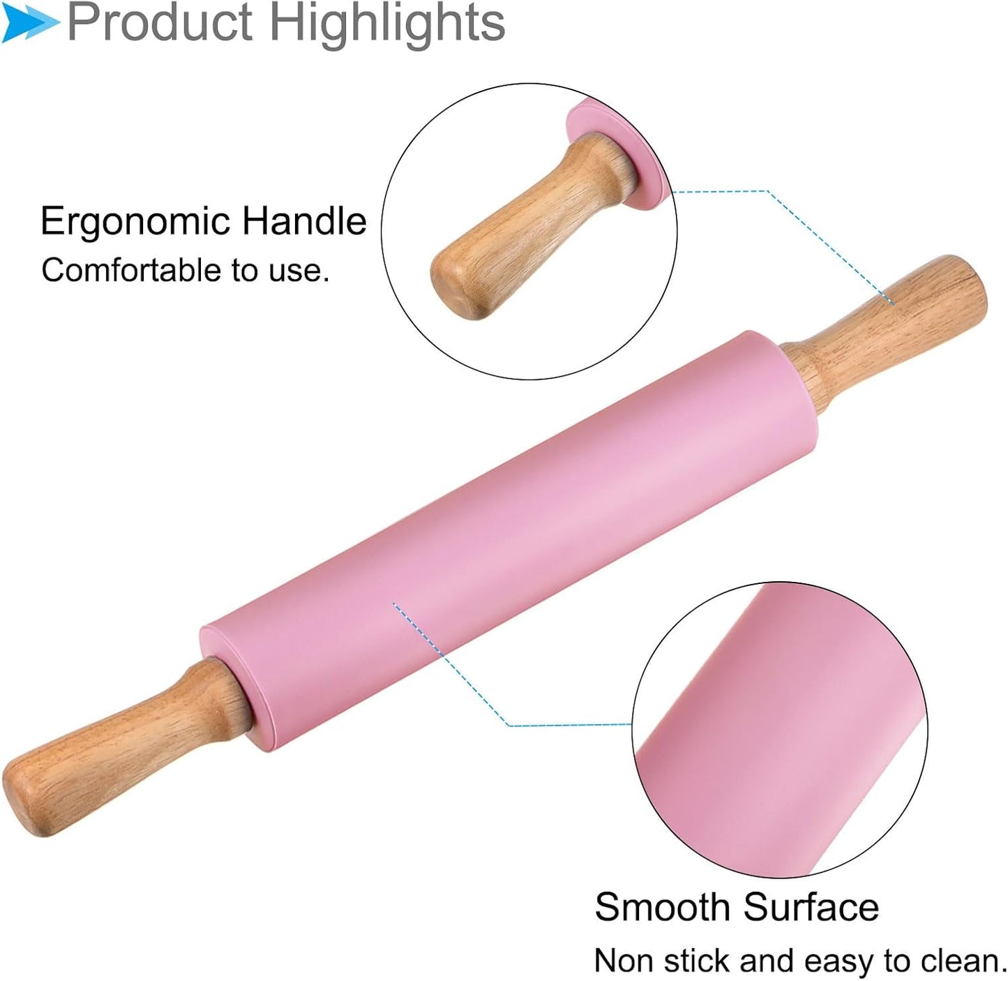 Silicone Rolling Pins, 17" Length, Silicone & Oak Non-Stick Ergonomic Wooden Handle Fondant Dough Roller Pink - (Applications: for Baking DIY Projects)