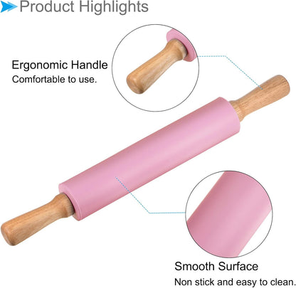 Silicone Rolling Pins, 17" Length, Silicone & Oak Non-Stick Ergonomic Wooden Handle Fondant Dough Roller Pink - (Applications: for Baking DIY Projects)