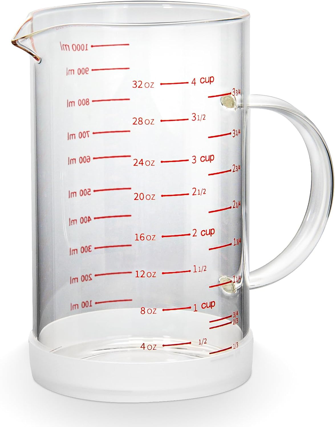 4 Cup Glass Measuring Cup with Handle, 77L High Borosilicate Glass Measuring Cup with V-Shaped and Three Scales (Cup, OZ, ML), Glass Liquid Beaker with Silicone Base, Double-Sided Measure Scales