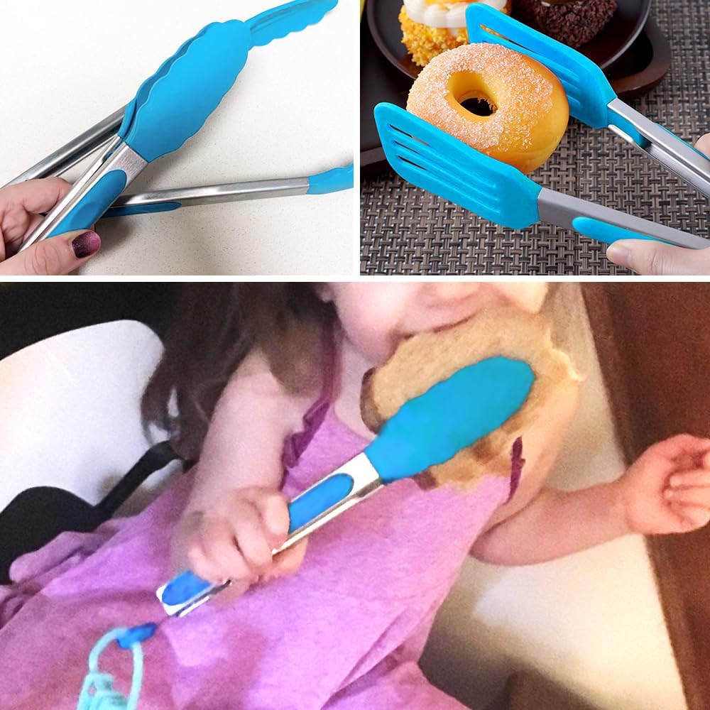 Mini Silicone Serving Tongs Set of 3, Small Kitchen Tongs (7 inch) with Silicone Tips and Stainless Steel Handle, Cooking Tongs for Salads, Pasta, Steaks, Vegetables