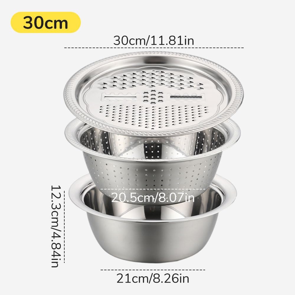 Germany Multifunctional Stainless Steel Basin, 2026 New 3 in 1 Multifunctional Stainless Steel Basin Strainer Set with Grater, Strainer Drain Basket for Rinsing Draining Mixing (S (10.24in))