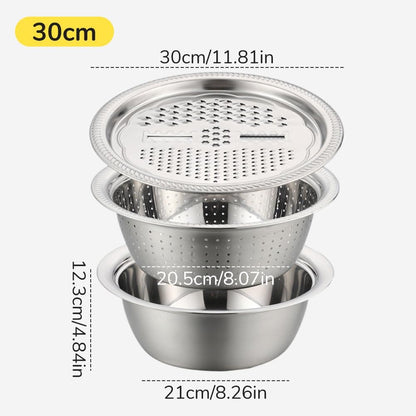 Germany Multifunctional Stainless Steel Basin, 2026 New 3 in 1 Multifunctional Stainless Steel Basin Strainer Set with Grater, Strainer Drain Basket for Rinsing Draining Mixing (S (10.24in))