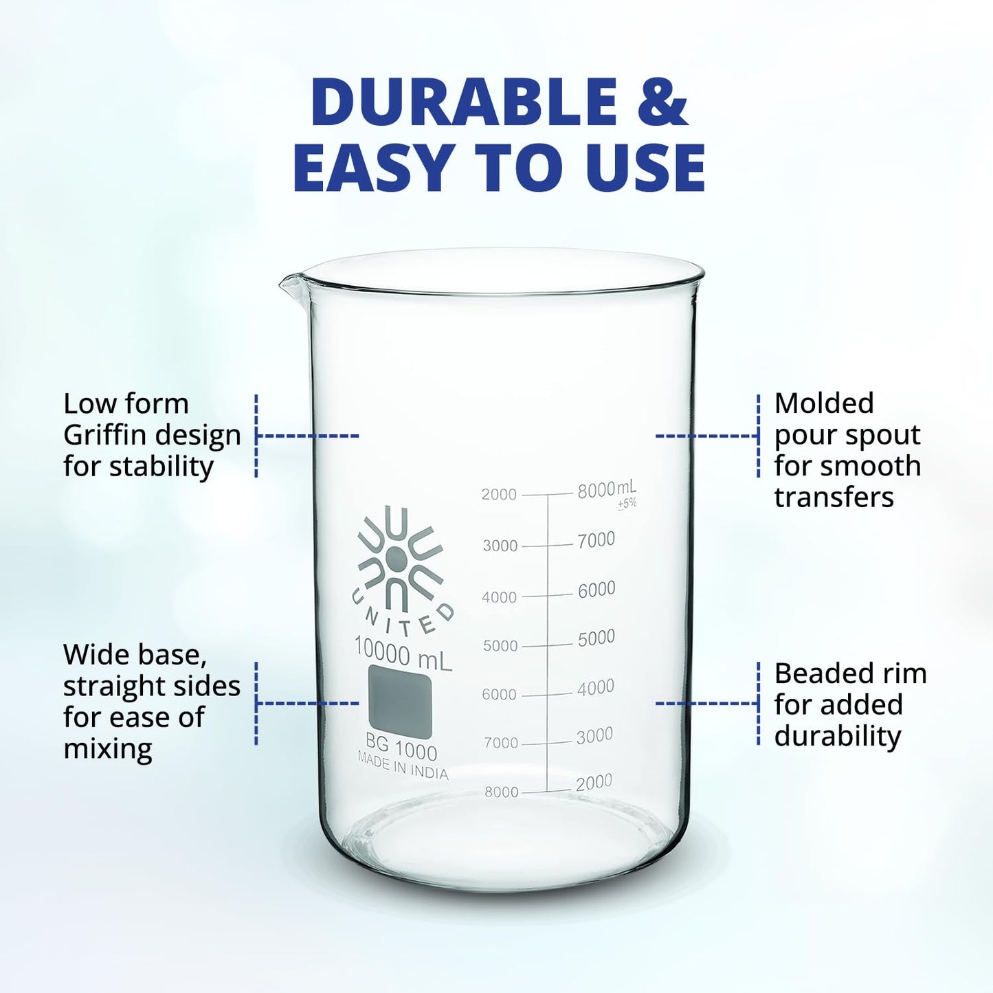 United Scientific™ Chemistry Glassware Measuring Beaker, 1000mL Low Form Griffin, 3.3 Borosilicate Laboratory Glassware, Double Scale Graduated, Autoclavable, ASTM-E960 Compliant, 1 Each