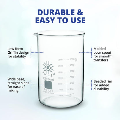 United Scientific™ Chemistry Glassware Measuring Beaker, 1000mL Low Form Griffin, 3.3 Borosilicate Laboratory Glassware, Double Scale Graduated, Autoclavable, ASTM-E960 Compliant, 1 Each