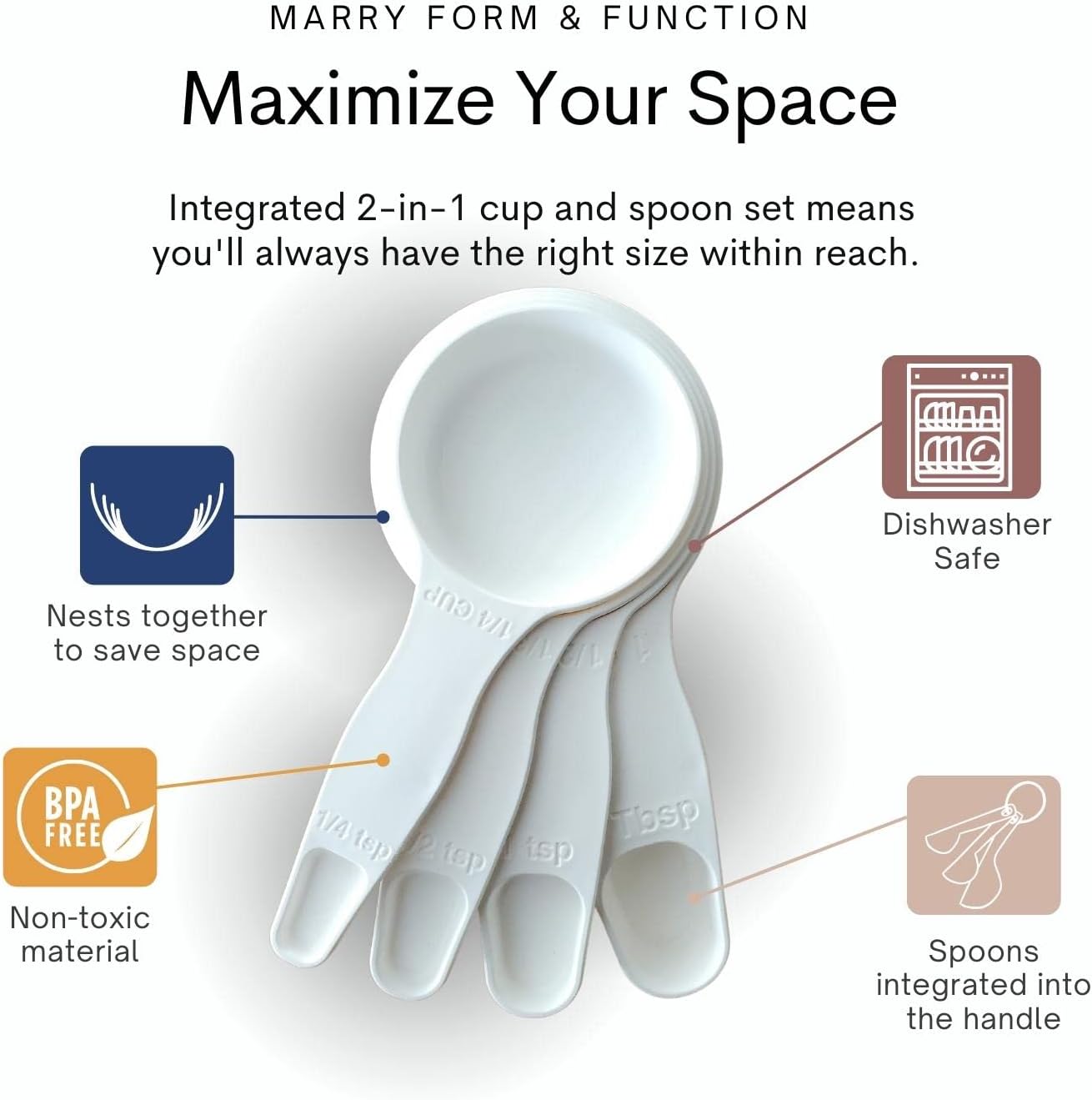 Storage Theory 2-in-1 Measuring Cups & Spoons Set (4-Piece) - Nesting Space-Saving Kitchen Gadget - BPA-Free Food Grade Plastic - Dishwasher Safe for Baking, Cooking, Coffee - White