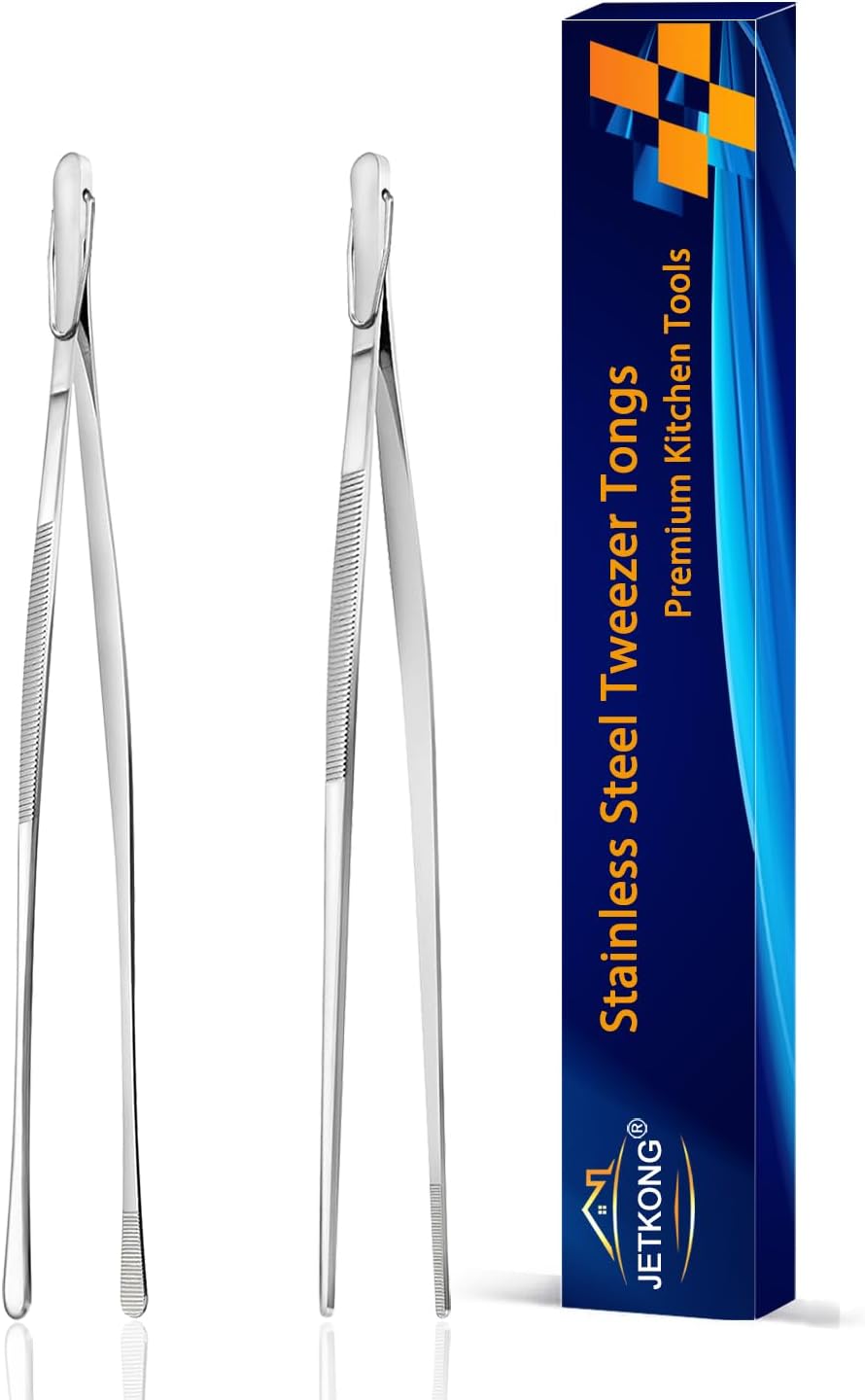 JETKONG 2 Pcs 12-Inch Kitchen Tweezers Fine Tweezer Tongs, Extra-Long Stainless Steel Cooking Tweezers (Silver)