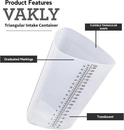 Vakly Plastic Graduated Triangular Intake Output Container [5 Pack] 32 ounce Three-Sided Translucent Laboratory Beaker for Measuring & Mixing - Clear Markings in oz & cc - for Specimen, Paint & Epoxy
