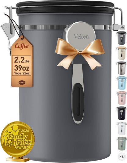 Veken Coffee Canister, Airtight Stainless Steel Kitchen Food Storage Container with Date Tracker and Scoop for Beans, Grounds, Tea, Flour, Cereal, Sugar, Cookie, 16OZ, Cream