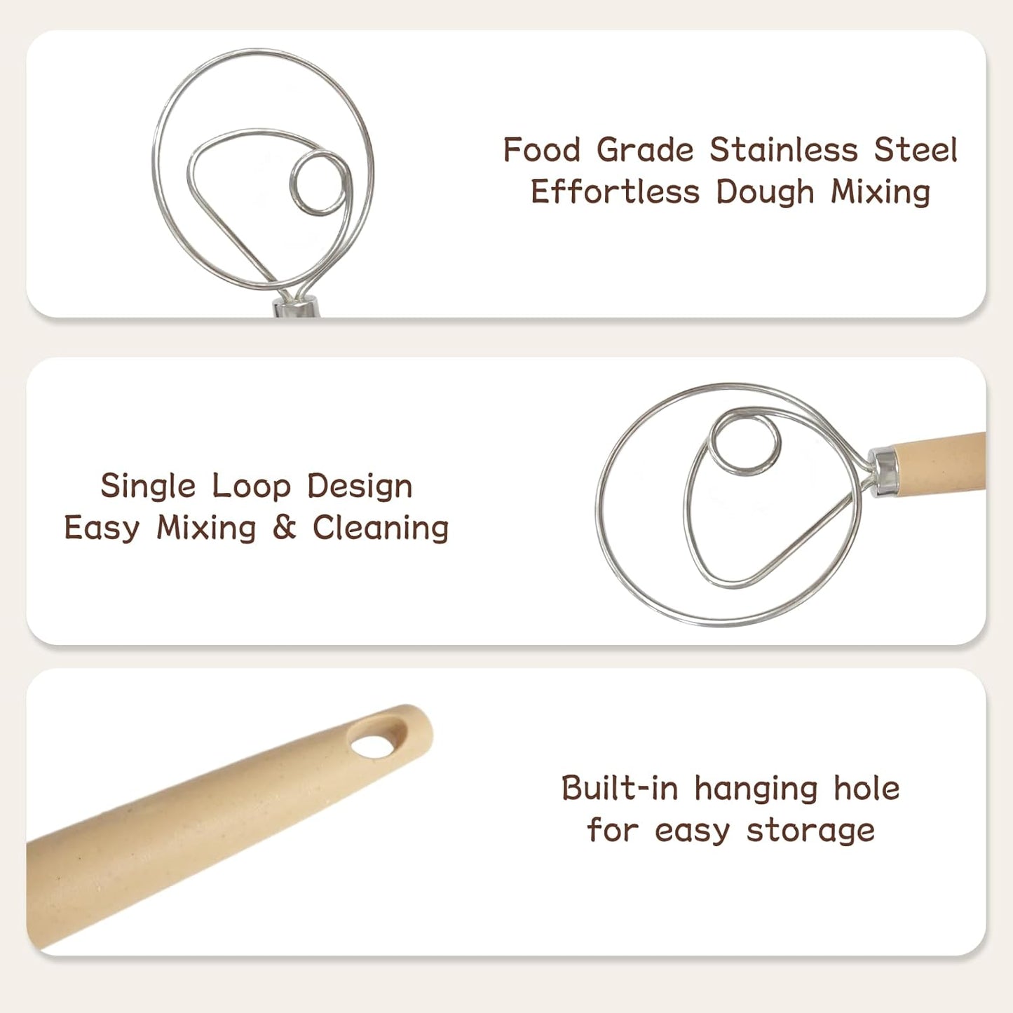 Stainless Steel Dough Whisk with Wood Handle,Premium Bread Whisk for Baking, Rust-Proof Kitchen Utensil