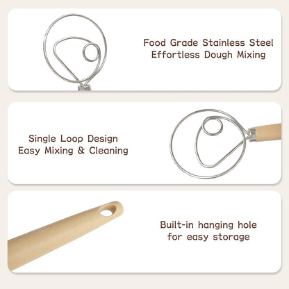 Stainless Steel Dough Whisk with Wood Handle,Premium Bread Whisk for Baking, Rust-Proof Kitchen Utensil