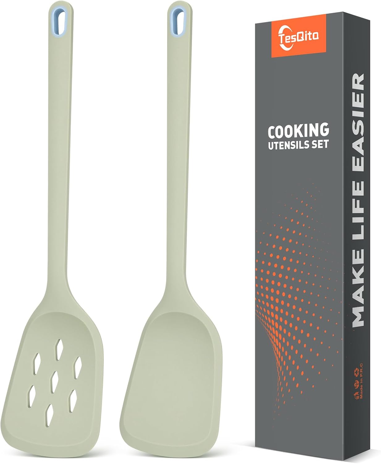 Silicone Cooking Spatula&Slotted Spatulas, Pack of 2,Solid Turner Kitchen Utensils Set for Cooking,Frying, Baking, Flipping, Turning,Heat Resistant 450℉ (Green)