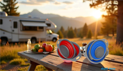 Collapsible Colander Set of 4-2 Red + 2 Blue Silicone Foldable Strainers, BPA-Free, Space Saving Kitchen Sieve with Handles - 2 Sizes (Large & Medium)