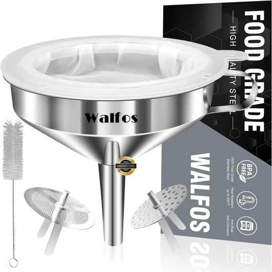 Stainless Steel Funnel, Walfos 3 Pack Kitchen Funnel with 2 Removable Strainer ＆ 1Pcs Cleaning Brush, Perfect for Transferring of Liquid, Oils, Jam, Dry Ingredients & Powder