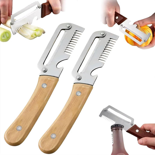 2PCS 3-in-1 Multifunctional Vegetable Peeler, Multifunctional Stainless Steel Peeler, Wooden Peeler, with Bottle Opener & Green Onion Comb Teeth, Kitchen Peeling Tool ﻿