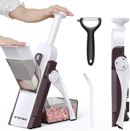 5 in 1 Safe Mandoline Slicer for Kitchen, Safe Vegetable Chopper, Paring Knife, Adjustable Thickness, Easy to Clean, Vegetable Slicer, Slicing, Strips, Shredding, Dicing,Chop (Tropical Orange)