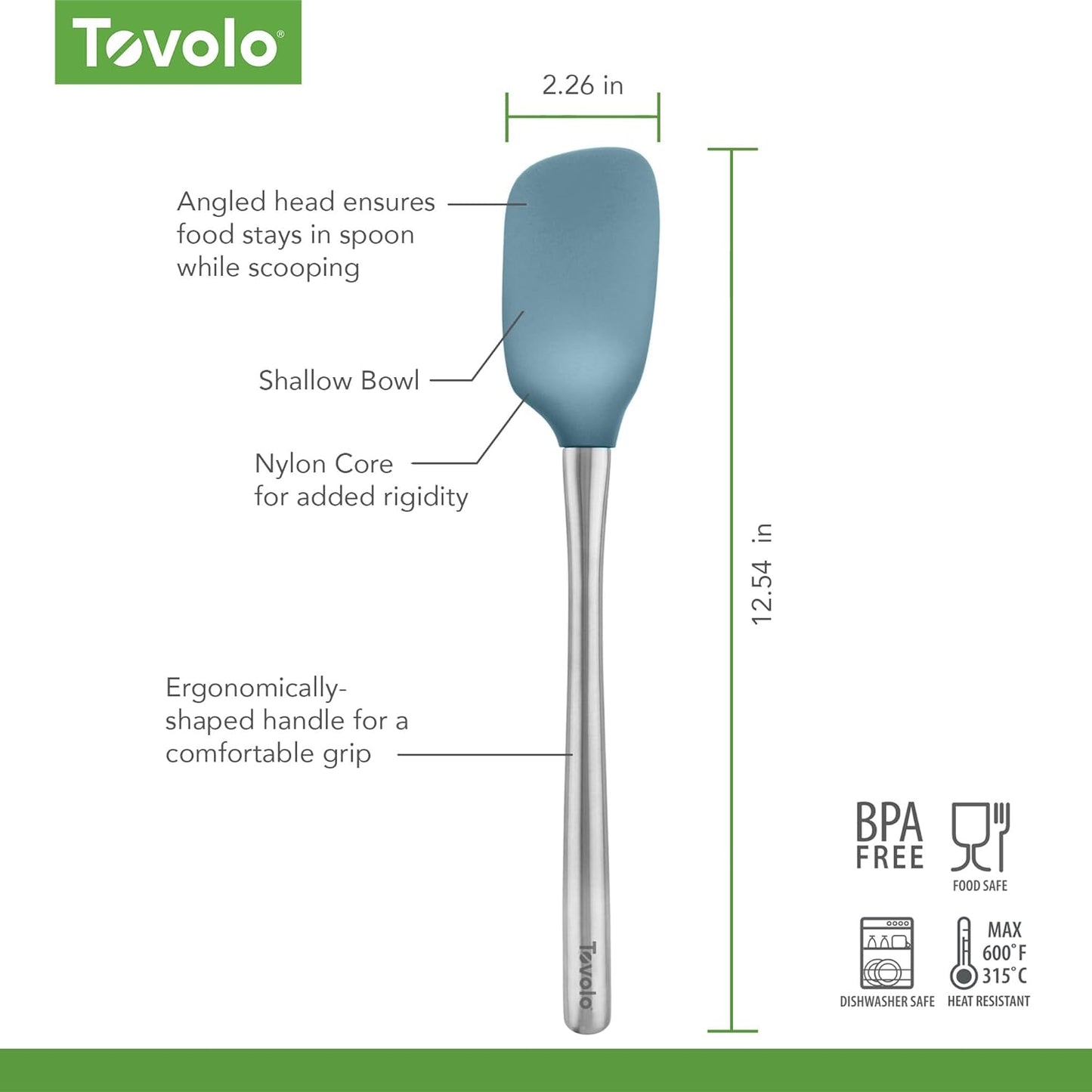 Tovolo Flex Core Silicone Spatula Spoonula Set of 2 for Non Stick Cast Iron Cooking & Baking, Dishwasher Safe Heat Resistant BPA Free Long Stainless Steel Handle Kitchen Utensil, Charcoal Gray
