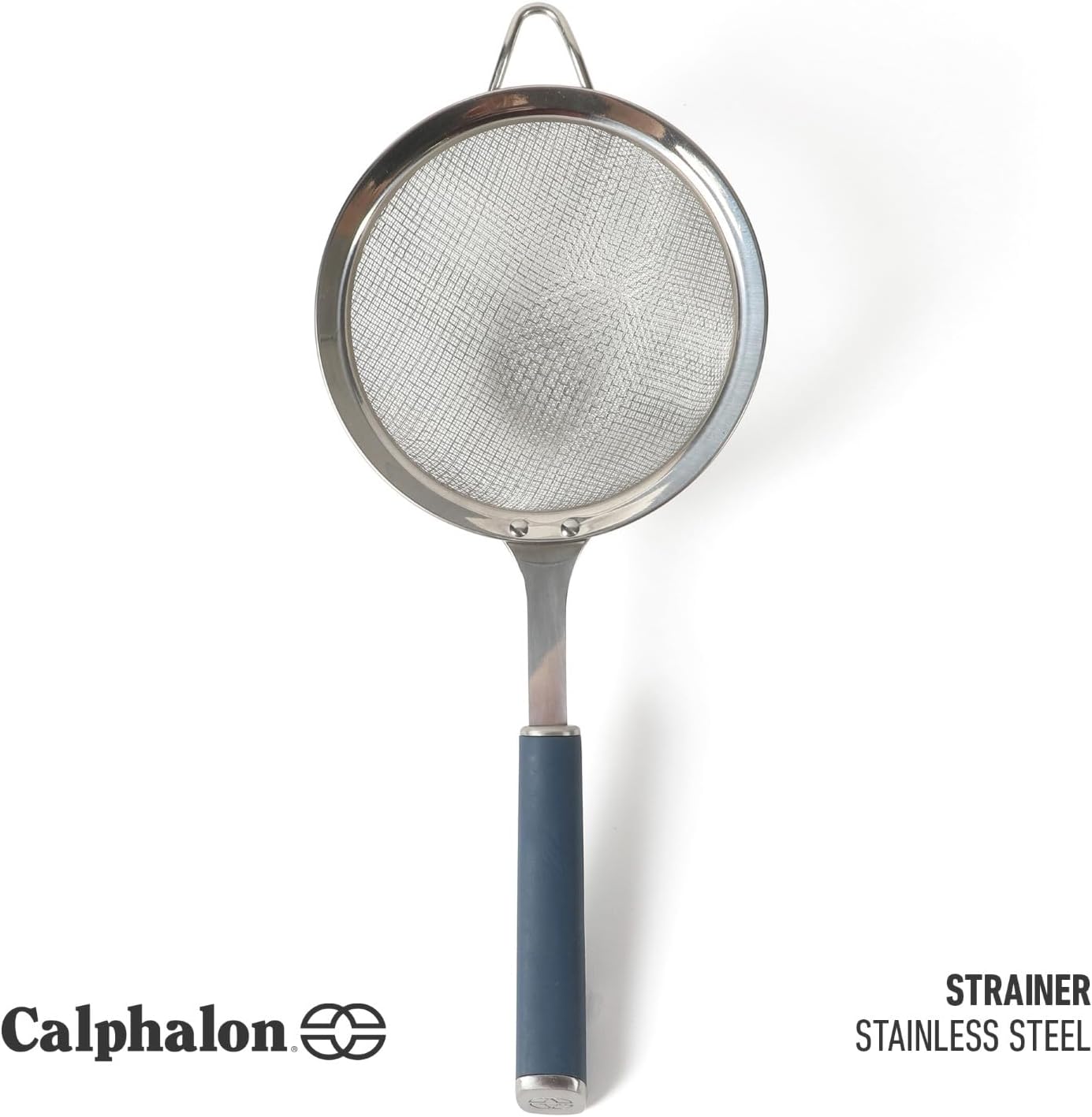 Calphalon Edge Stainless Steel Strainer, Fine Mesh Kitchen Colander Strainer with Thermoplastic Rubber Handle, Sifter for Rinsing, Draining & Straining Food, Navy
