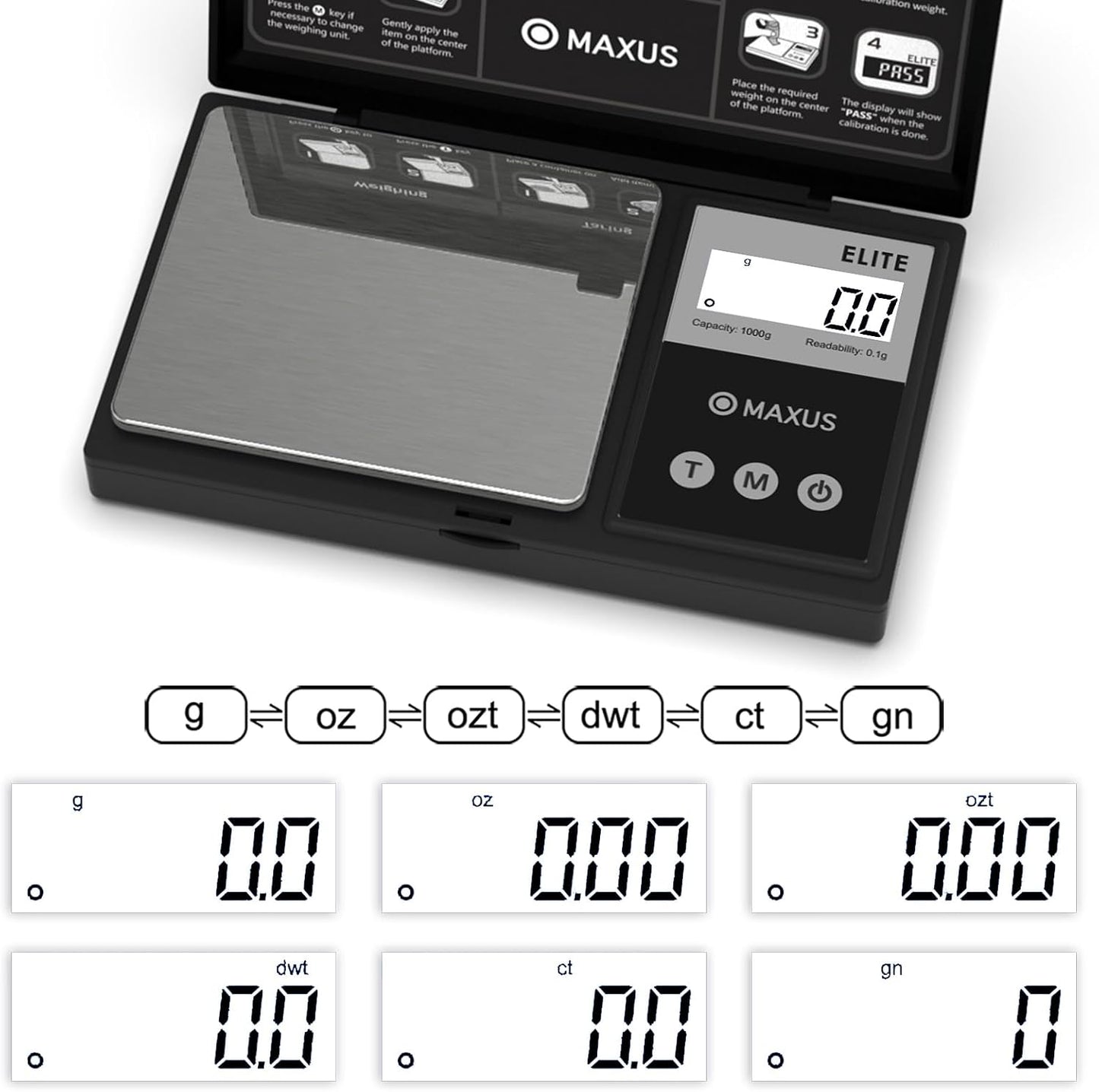 MAXUS Digital Pocket Gram Scale 500g x 0.01g High Precision with Tray, Weighs Small Food, Jewelry, Ounces, Grains, LCD Display, Tare Function