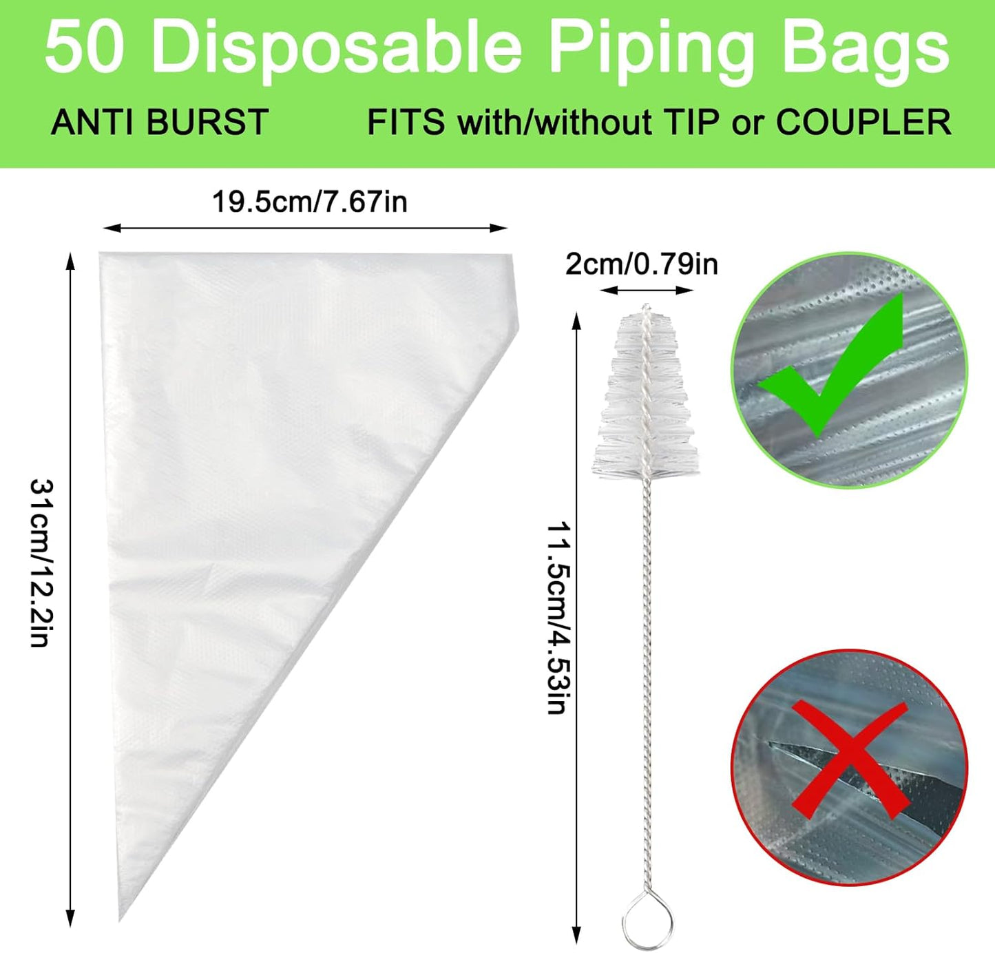 3 Pcs Puff Cream Filling Piping Tips Kit Stainless Steel Long Icing Piping Nozzle Tips With 50 Disposable Pastry Piping Bags and Tip Cleaning Brush for Filling Donuts Cupcakes Eclairs Decorating Tool