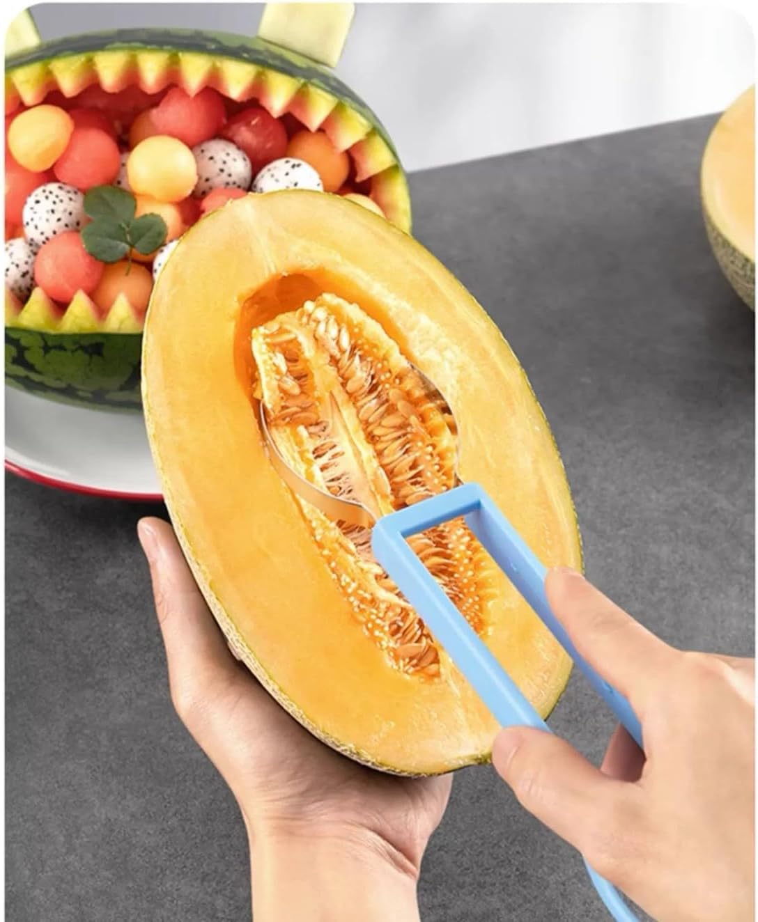 4 in 1 Melon Baller Set with Watermelon Slicer, Ice Cream Scoop & Knife, Stainless Steel, Blue