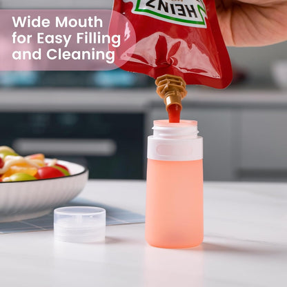 MICEBAY Condiment Squeeze Bottles for Sauces, 2-oz Mini Silicone Salad Dressing Container to Go with Reusable Sandwich Bag, Leakproof Ketchup Bottle for Bento Lunch Box, 4 Pack, Candies