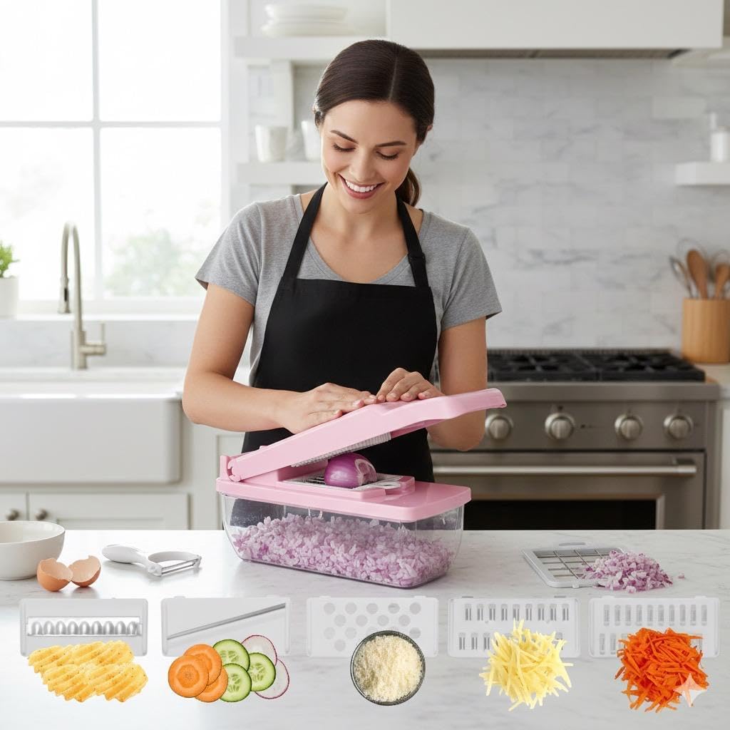 Kalmat Dynamics Food Chopper and Vegetable Slicer, 16-in-1 Multi-Function Kitchen Chopper with 7 Blades and Container, Free Black Cooking Apron (Pink+White)