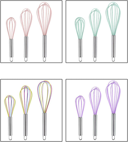 8 Inch Purple Silicone Whisk for Cooking Non Scratch, Small Manual Egg Beater and Baking Mixer, Rust-resistant Metal Wire Pastry Tool for Blending and Stirring