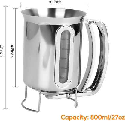 32oz 900ml Pancake Batter Dispenser, Stainless Steel Batter Dispenser with Handle, Visible Scale, Pancake Mix Dispensers for Funnel Cake, Pancakes, Cupcakes, Waffles, Crepes