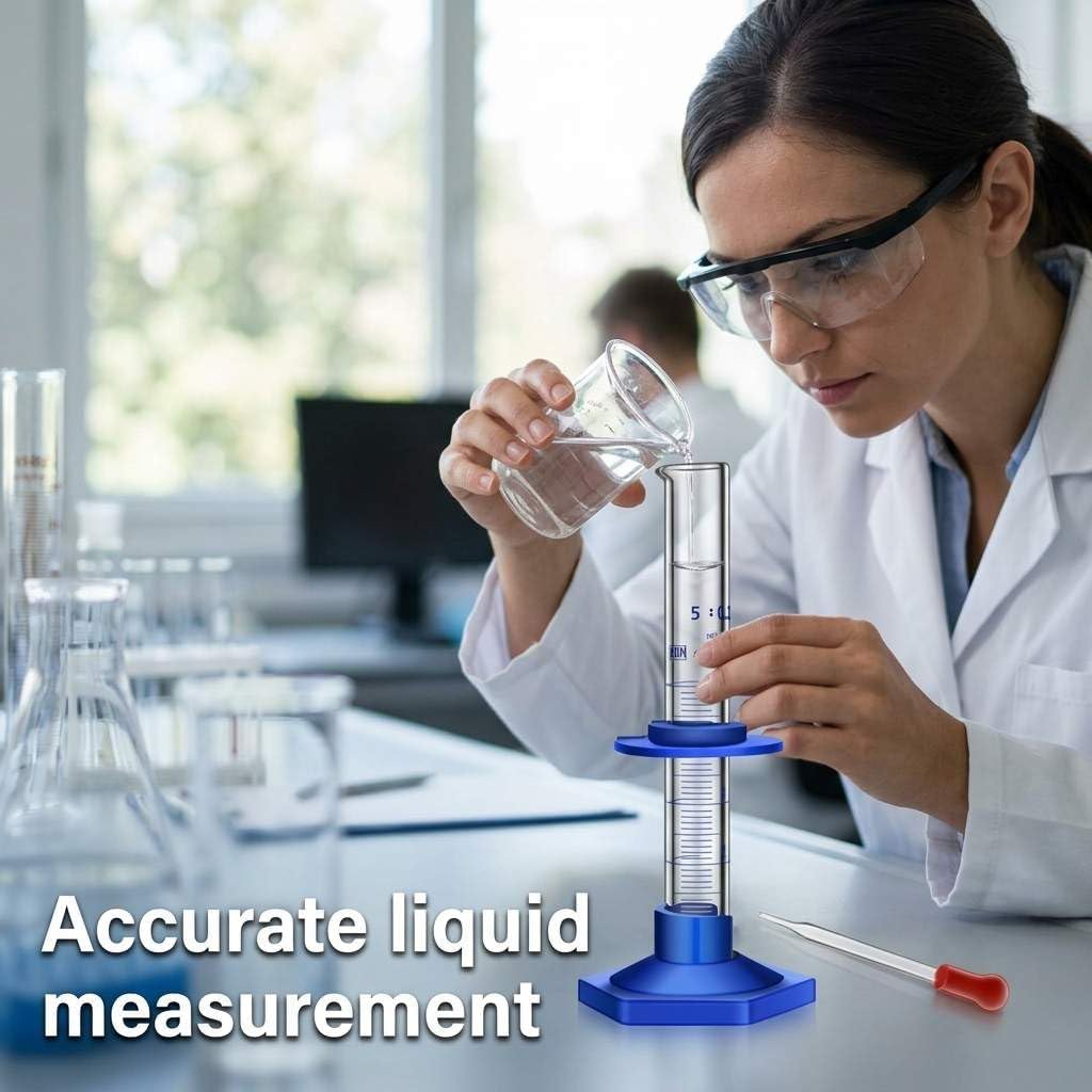 QWORK Thick Glass Graduated Cylinder 5ml Measuring Cylinder, with Plastic Base and Bumper Guards 3.3 Borosilicate Glass Lab Cylinder for Liquid Measurement with Glass Dropper