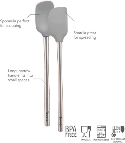 Tovolo Flex Core Silicone Spatula Spoonula Set of 2 for Non Stick Cast Iron Cooking & Baking, Dishwasher Safe Heat Resistant BPA Free Long Stainless Steel Handle Kitchen Utensil, Charcoal Gray