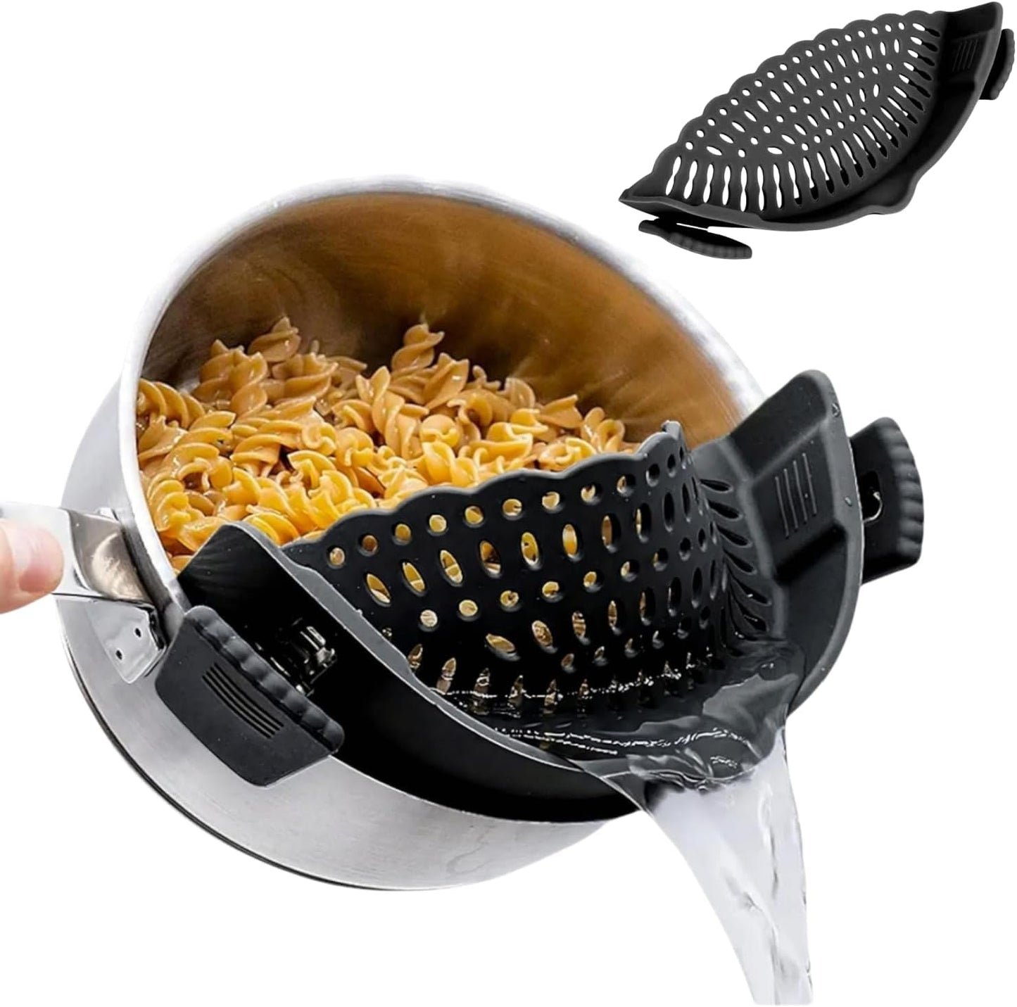 Clip On Strainer Silicone for All Pots and Pans, Pasta Strainer Clip on Food Strainer for Meat Vegetables Fruit Silicone Kitchen Colander (Grey)
