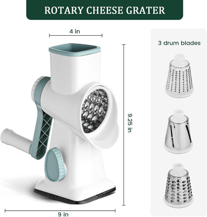 HANSGO Rotary Cheese Grater Hand Crank, Shredder Slicer Grinder, 3 Large Diameter Metal Blades & Cleaning Brush, Non-slip Suction Base, Labor-Saving Handle, Kitchen Gadgets for Cheese, Vegetable, Nuts