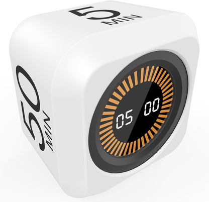 Rotating Cube Pomodoro Visual Timer 5, 25, 10 50 Minutes Preset, Rechargeable Desk Productivity Flip Custom Countdown Timer w/Silicone Cover, Silent Mode for ADHD Study, Work, School(Orange)