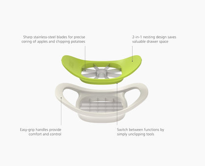Joseph Joseph Nest Press 2-in-1 Apple Corer & Divider and Potato Chipper, Stainless Steel blades, BPA free, Dishwasher safe