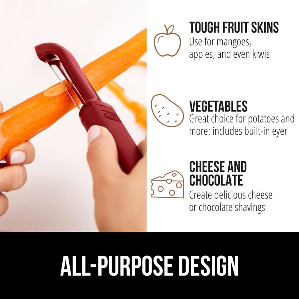 GORILLA GRIP® Patented BPA-Free Vegetable Peeler, Extra Sharp Swivel Stainless Steel Blades with Guard, Comfortable Soft Handle, Easily Peel Carrots or Fruit, Potato Eye Remover, Washer Safe, Black