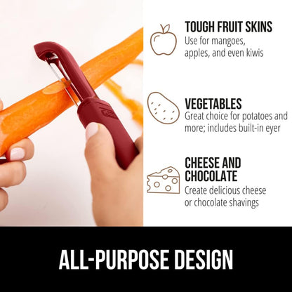 GORILLA GRIP® Patented BPA-Free Vegetable Peeler, Extra Sharp Swivel Stainless Steel Blades with Guard, Comfortable Soft Handle, Easily Peel Carrots or Fruit, Potato Eye Remover, Washer Safe, Black