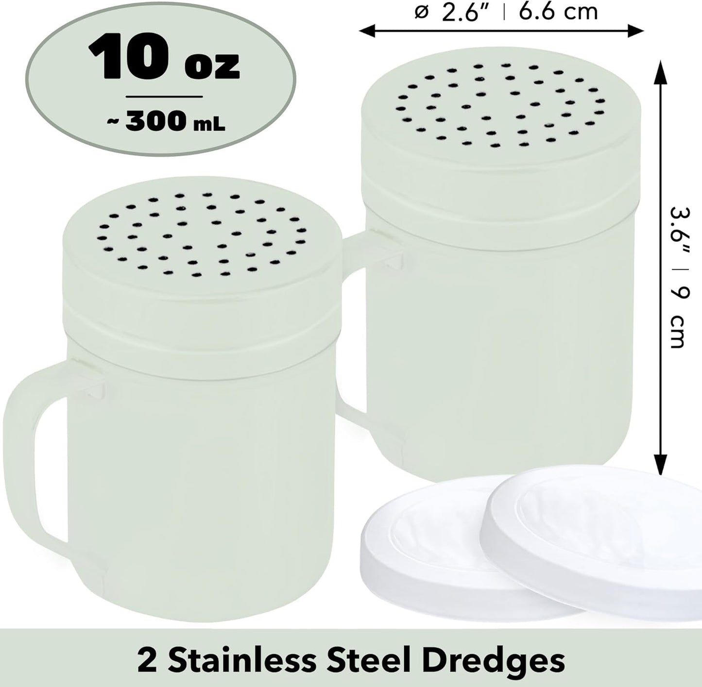 CUSINIUM Metal Salt Pepper Dredge Shakers - With Handle - Seasonings Spice Shakers With Holes and Lids - 10 Ounce, 2pcs | Style: Medium