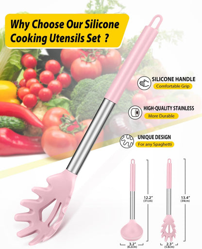 Silicone Pasta Fork and Ladle Spoon Set, Large Non Stick Kitchen Utensils for Cooking,Stirring,Serving Spaghetti, Soup, Sauce (GRAY)