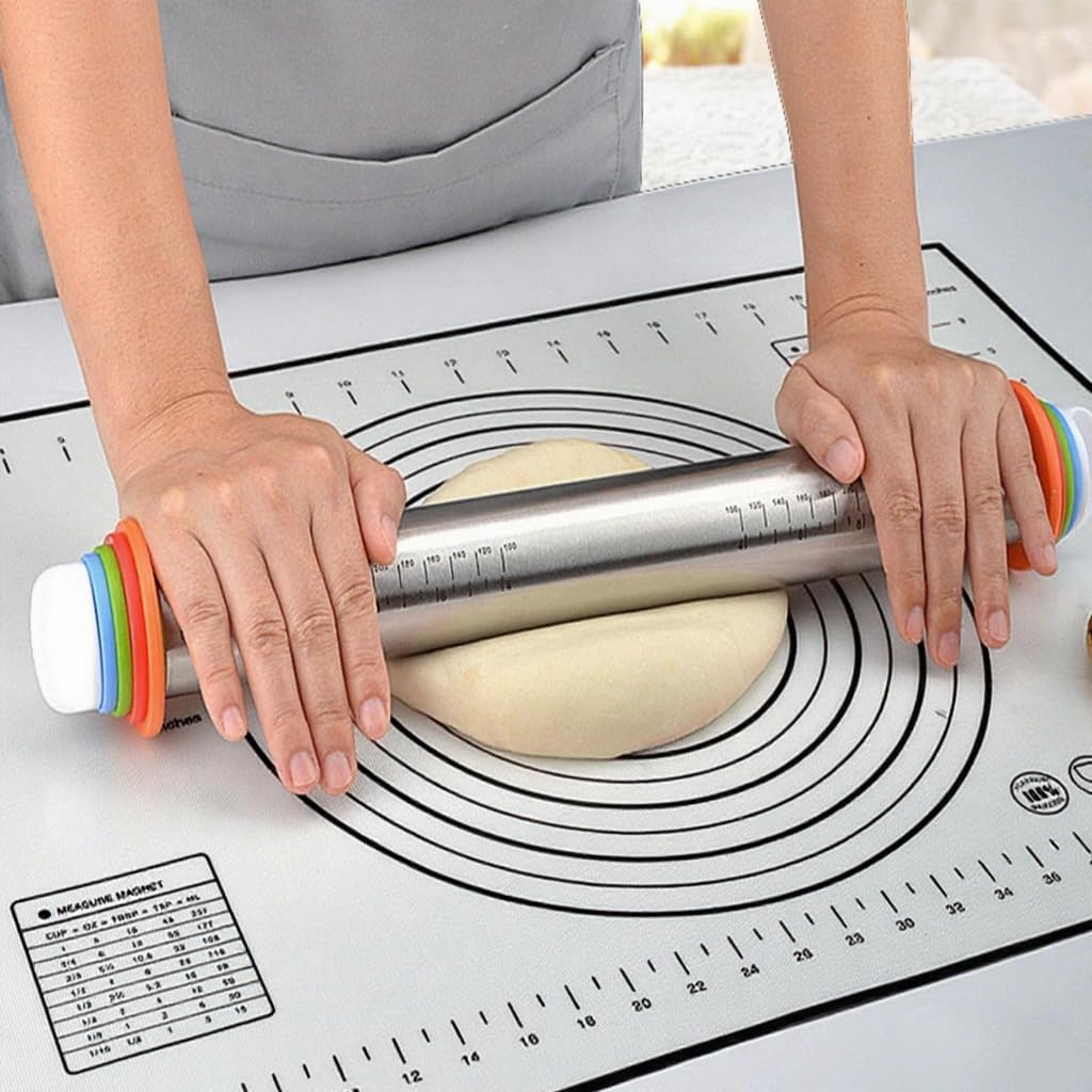 Rolling Pin with Adjustable Thickness Rings and Silicone Baking Pastry Mat Set for Baking,Stainless Steel Dough Roller,Baking Supplies for Cookie Fondant Pizza Cake Pasta(Red)
