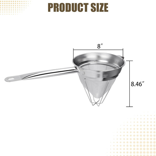 Stainless Steel Bouillon Strainer, 8-Inch Conical Fine Mesh, Heavy-Duty with Support Ring
