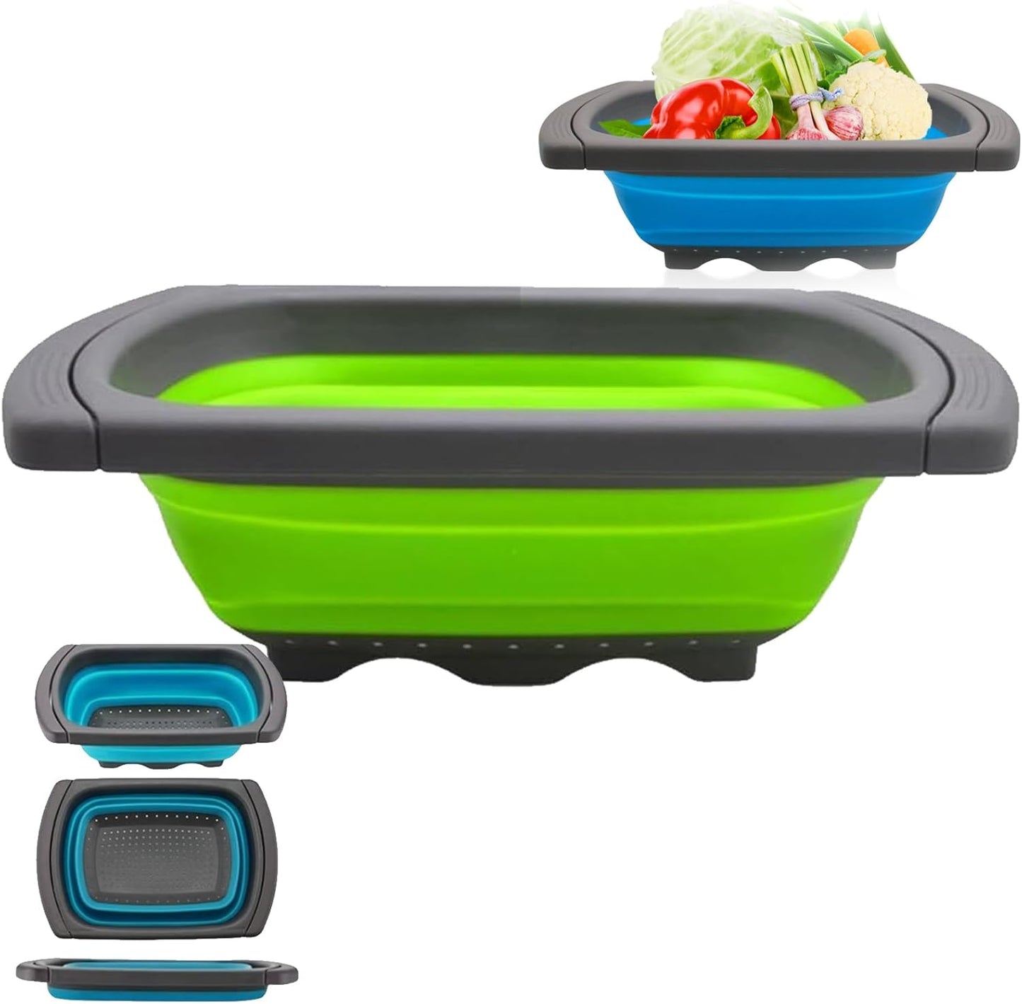 6 Quart Collapsible Colander Strainer Over the Sink, Extendable Handles Kitchen Vegetable Fruit Pasta Strainer Basket, Space-Saving Silicone Food Grade, Dishwasher Safe (Blue)