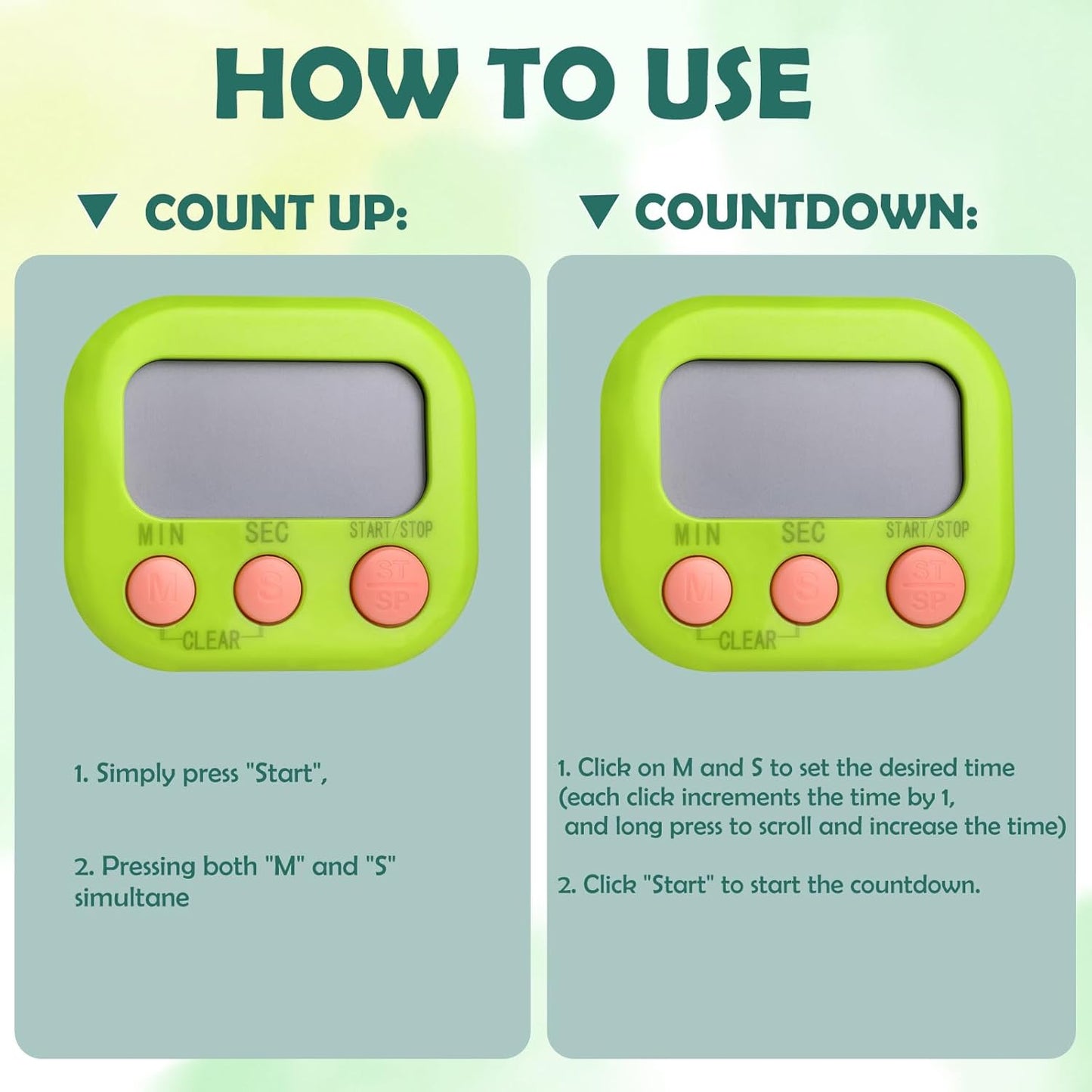 GeeRic Kitchen Timers 4 Pack, Electronic Timers with Loud Alarm for Cooking, Magnetic Digital Timers Big LCD Display Blue Green Pink White (No Battery Included)
