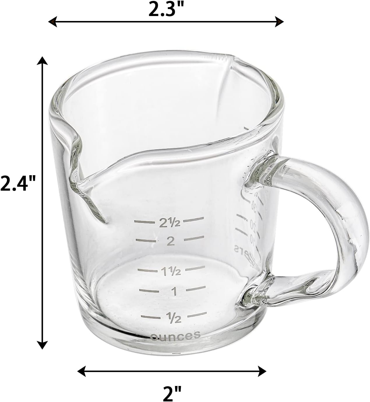 Hacaroa 4 Pack Double Spouts Measuring Cups Espresso Shot Glass with Handle, 2.5 Oz Mini Milk Triple Pitcher Barista Clear Graduated Cups for Coffee, Wine, Bar, Party