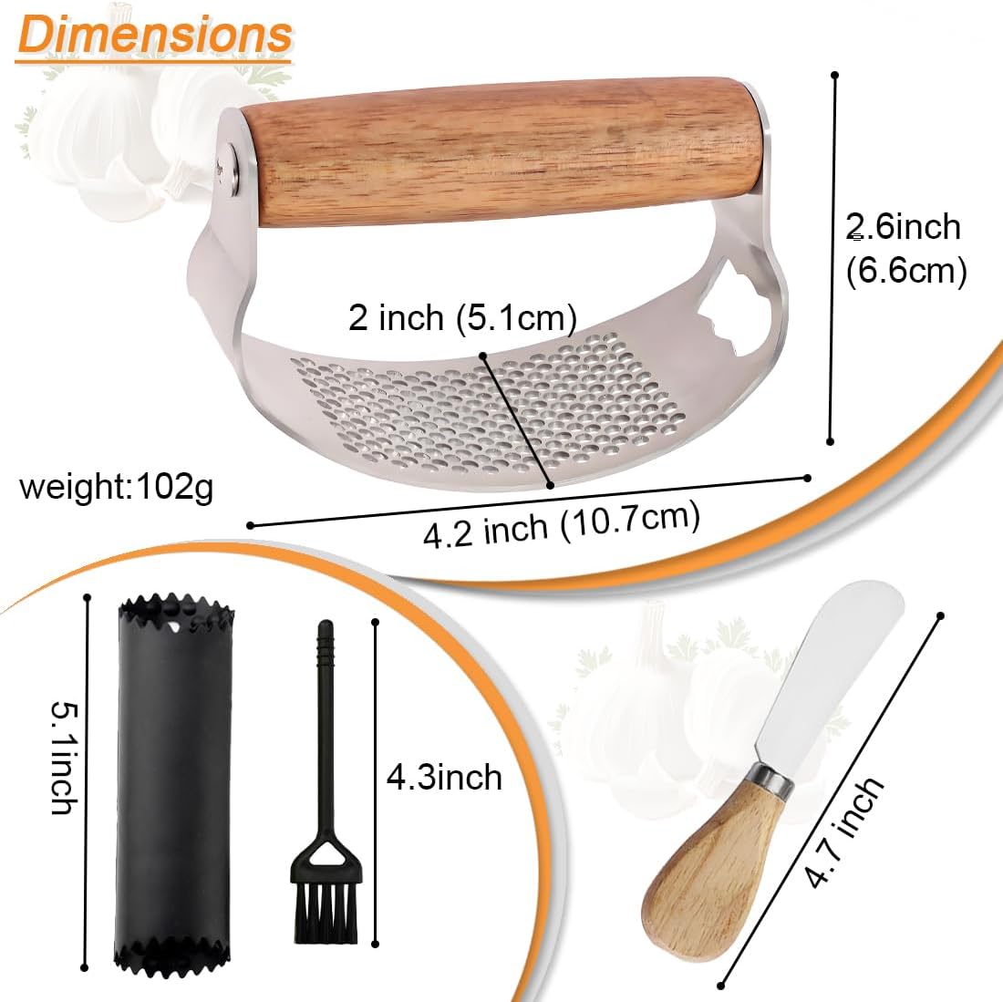 Garlic Press Rocker Stainless Steel Ginger Crusher Squeezer Kitchen Gadget with Ergonomic handle, Silicone Tube Garlic Peeler and Cleaning Brush Tool Set